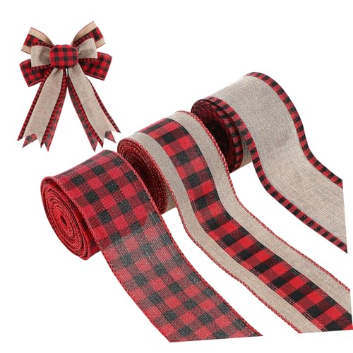 HONITANO 3 Rollen Weihnachts Burlap Band Kariert Breit Robustes Bastelband für Girlanden Schleifen Kränze Dekoratives Geschenkband Rustikales Karomuster Yards von HONITANO