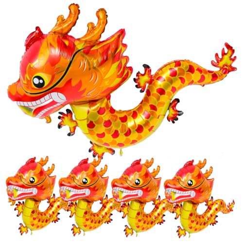 HONITANO 5 Stück Teiliges Aluminiumfolie Luftballons Chinesischer Drache Form Langlebig Reißfest Frühlingsfest Party Dekoration für Neujahrsfeier Rote Drachen Ballons von HONITANO
