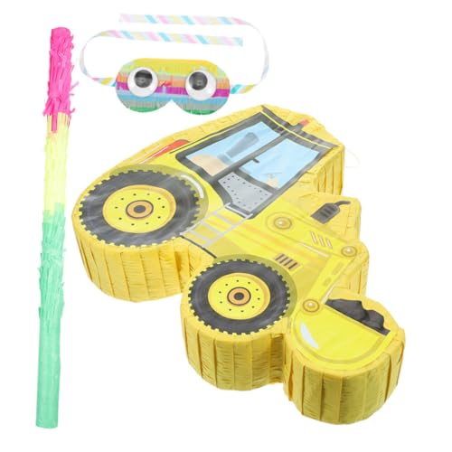 HONITANO Gelbes Excavator Pinata mit und Augenbinde Kleine Baustellenfahrzeug Piñata für Kindergeburtstag Partydekoration zum Befüllen mit Süßigkeiten und Partyspiel von HONITANO