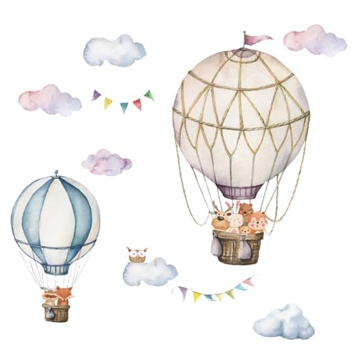 HONMEET Bunte Cartoon Tier Wandsticker mit Heißluftballon Motiv Selbstklebende Wandaufkleber für Kinderzimmer Einfache Anwendung Lebendige Farben Dekorative Wanddekoration für von HONMEET