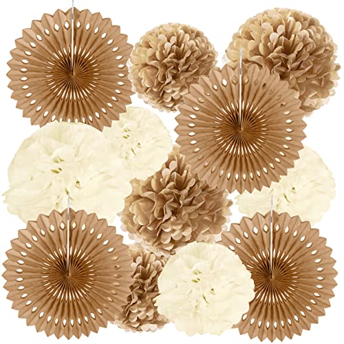 HONMOK 12 Stück Braun Beige Party Deko Vintage Hochzeitsdeko Set Beige Braun Pompoms Papierfächer Seidenpapier Pom Poms Set Boho Party Dekoration für Hochzeit Babyparty Geburtstagsdeko von HONMOK