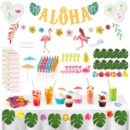HONMOK 128pcs Hawaii Party Dekoration Set mit Luftballons Flamingo Aloha Girland Künstliche Palmblätter Blumen und Strohhalme für Tropische Party Strand Sommer Garten BBQ Tiki Party Dekoration von HONMOK
