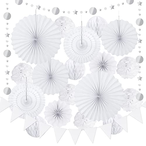 HONMOK 20 Stück Hochzeit Dekoration Set Weiß Papierfächer Papier Pompoms Lampions Wabenbälle Girlanden mit Wimpelkette Hochzeitsdeko Hängende Dekoration für Hochzeit Taufe Geburtstag Party von HONMOK