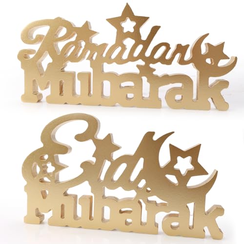 HONMOK 2pcs Eid Mubarak Tischdeko Holz, Ramadan Tisch Schild Deko, Bismillah Holz Aufsteller, Islamische Mond Stern Verzierung für Muslim Partydeko Tisch Ornament Heimdekoration Geschenk von HONMOK