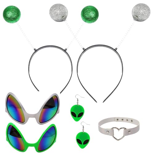 HONMOK 6 Stück Alien Brille und Stirnband Martian Antenne Haarreif Head Boppers mit Ohrringe Leder Halsband Alien Kostüm Zubehör Set Foto Requisiten für Erwachsene Kinder Karneval Fasching Party von HONMOK