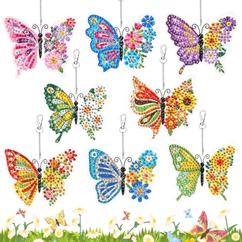 HONMOK 8pcs 5D Diamant Painting Bastelset, DIY Schmetterling Diamond Malerei-Schlüsselanhänger, Schmetterling Handwerk Frühling, Rhinestone Malerei für Mädchen Bastelkurs Handtasche Deko von HONMOK