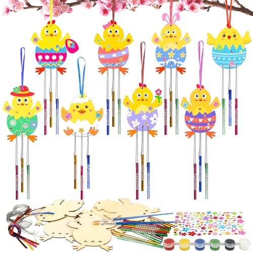 HONMOK 8stk Osterküken Windspiel Bastelset Ostern Küken Holzbastelset Kinder Ostern Klangspiele mit Acrylfarbe Bastelhandwerk zum Basteln und Bemalen Kreativset Osterdeko Geschenk für Mädchen Junge von HONMOK