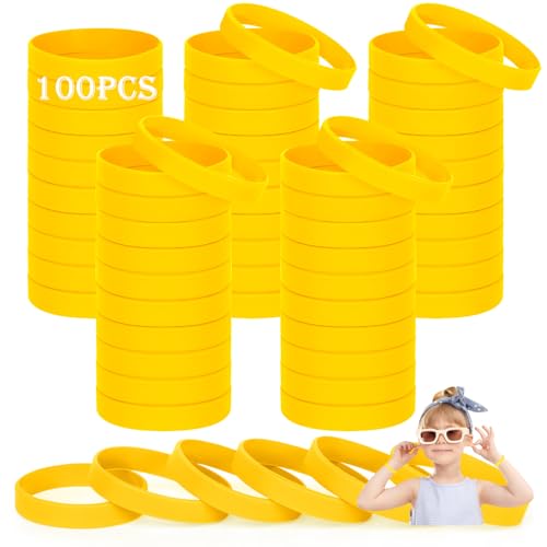 HONTIUS Silikonarmband, 100Stück Silikon Armbänder, 6.3'' Gelb Silikonarmbänder Silicone Wristband Leer Gummiarmbänder für Schule Lehrer Team Party Kinder (Geeignet für 3-7-Jährige) von HONTIUS