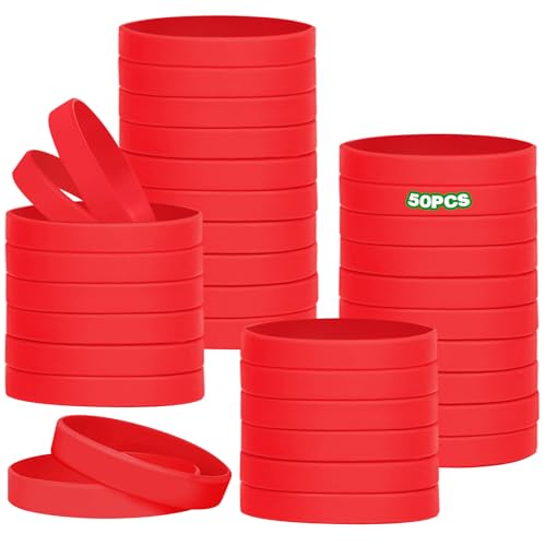 HONTIUS Silikonarmband, 6.3'' 50 Stück Silikon Armbänder Silikonarmbänder 16cm Silicone Wristband Leer Gummiarmbänder für Schule Lehrer Team Party Männer Frauen für 3-7 Jahre Rot von HONTIUS