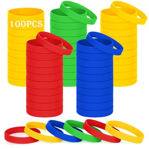 HONTIUS Silikonarmband kinder, 100Stück Silikon Armbänder, 6.3'' Grün Silikonarmbänder Silicone Wristband Leer Gummiarmbänder für Schule Lehrer Team Party Kinder (für 3-7Jährige) 4 farben von HONTIUS
