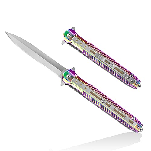 HONZIN 2 in 1 Multitool Klappmesser 3Cr13 Edelstahl Taschenmesser Tragbares Messer Rettungsmesser mit Glasbrecher Stahlgriff Camping Taschenklappmess (Regenbogen) von HONZIN