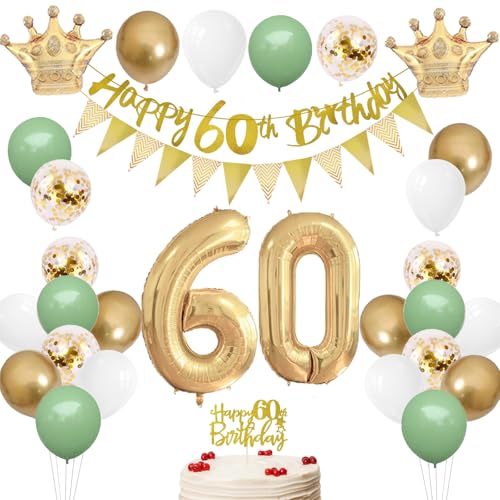 60 Geburtstag Deko Salbeigrün, Luftballon 60. Geburtstag Männer Frau, Zahl 60 Folienballon mit Banner Flaggen, Tortendeko, Grün Weiß Gold Ballons für 60re Party Deko 60 Geburtstag Deko Salbeigrün, Luftballon 60. Geburtstag Männer Frau, Zahl 60 Folienballon mit Banner Flaggen, Tortendeko, Grün Weiß Gold Ballons für 60re Party Deko von HONZSAN