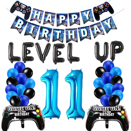11 Geburtstag Junge Deko, Gamer Geburtstagsdeko 11 jahre Junge, Videospiel Luftballon 11. Geburtstag, Schwarz Blau Ballons Zahl 11 Folienballon für Kinder Party Dekoration von HONZSAN