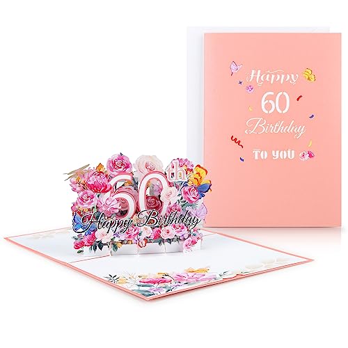 HONZUEN 60zig Geburtstag Frauen Pop up Karte 60. Geburtstag Frau 3d Deburtstagskarten 60 Grußkarten Geburtstag Einladungskarten karten Klappkarte für Mütter Mädchen Freunde13 X 18cm(Rosa) von HONZUEN