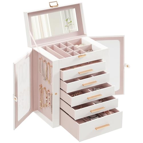 HOOBRO PU Schmuckkästchen mit Spiegel, Schmuckbox mit 5 Schubladen und Vitrine, Schmuckschatulle mit große Kapazität, vertikale Aufbewahrung für Ohrringe, Ringe, Halsketten, Uhren, Weiß EWT18JB04 von HOOBRO