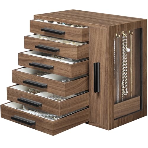 HOOBRO Schmuckkästchen, 6-lagige Schmuckschatulle aus Holzwerkstoff, Schmucktruhe im Retro-Stil mit Vitrine, für Ohrringe, Halsketten, Ringe, Walnuss und Schwarz EBH12JB04 von HOOBRO