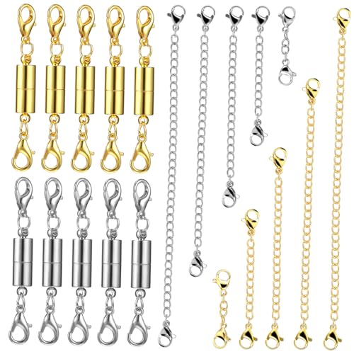 HOODANCOS 10 Stück Teiliges Kettenverlängerer in Silber und Gold mit Magnetischen Hummer Karabiner Verschlüssen Leicht Kombinierbar für DIY Schmuckherstellung und Vielseitige Halsketten und von HOODANCOS