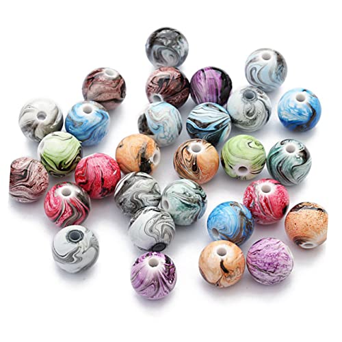 HOODANCOS 100 Stück DIY Runde Harzperlen Mischfarben Ink Painting Spacerperlen für Schmuckherstellung Bastelzubehör für Armbänder und von HOODANCOS