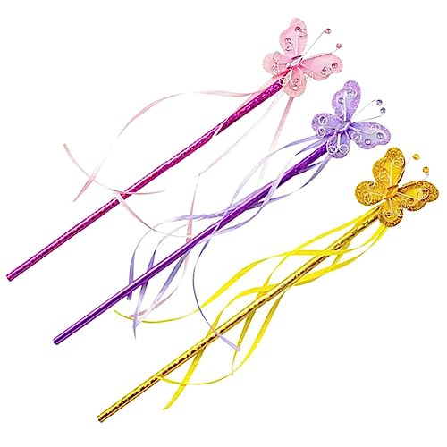 HOODANCOS 3 Stück Teiliges Mädchen Zauberstäbe mit Schmetterlingsdesign Cosplay Requisiten für Partys Geburtstagsfeiern und Bühnenauftritte Gold und von HOODANCOS