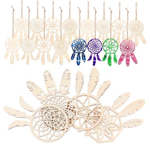 HOODANCOS 40 Stück Teiliges Holz Design Dreamcatcher Kits Unvollendete Holzornamente mit Schnüren für Kreative Bastelprojekte für Feste und DIY Aktivitäten von HOODANCOS
