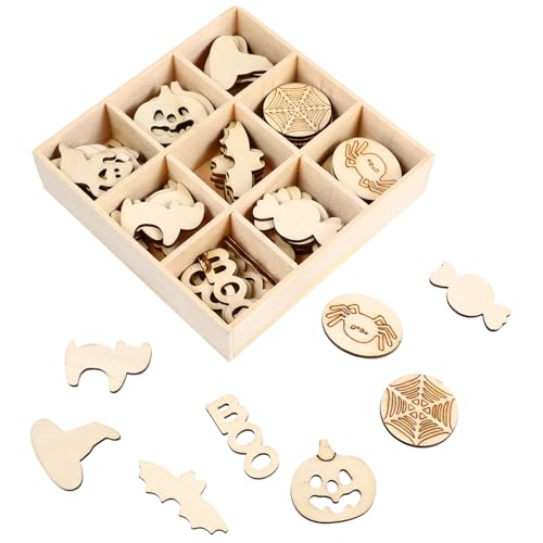 HOODANCOS 72 Stück Holzdekorationsset für Halloween Kreative Handwerkskunst für DIY Projekte und Festdekorationen und zum Gestalten von HOODANCOS