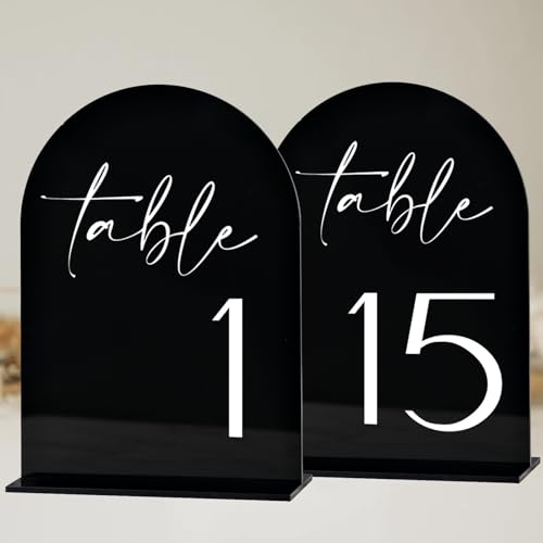 Black Arch Acryl-Tischnummern mit Ständer 1–15, 12,7 x 17,8 cm, schwarzes gewölbtes Acrylschild und Acryl-Basis, Acrylbogen Tischnummern für Tafelaufsatz, Hochzeitsempfang (schwarze Tischnummern 1–15) von HOODO