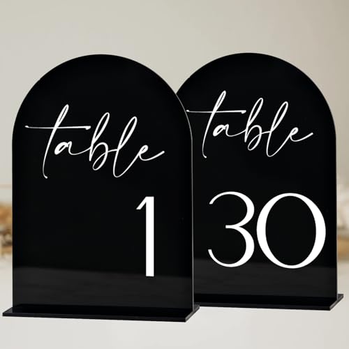 Black Arch Acryl-Tischnummern mit Ständer 1–30, 12,7 x 17,8 cm, schwarzes gewölbtes Acrylschild und Acryl-Basis, Acrylbogen Tischnummern für Tafelaufsatz, Hochzeitsempfang (schwarze Tischnummern 1–30) von HOODO