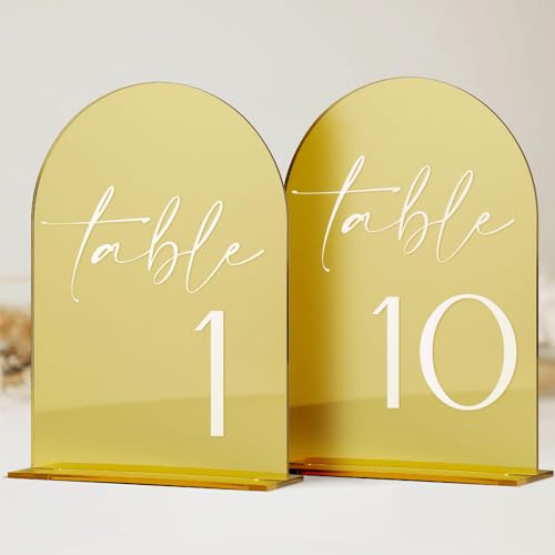 HOODO Gold Spiegel Acryl Hochzeit Tischnummern 1-10 mit Ständer, 12,7 x 17,8 cm gewölbte Acrylschilder und Halter, goldfarbener Spiegelbogen Tischnummern für Hochzeitsempfang, Tafelaufsatz, Party, HOODO Gold Spiegel Acryl Hochzeit Tischnummern 1-10 mit Ständer, 12,7 x 17,8 cm gewölbte Acrylschilder und Halter, goldfarbener Spiegelbogen Tischnummern für Hochzeitsempfang, Tafelaufsatz, Party, von HOODO
