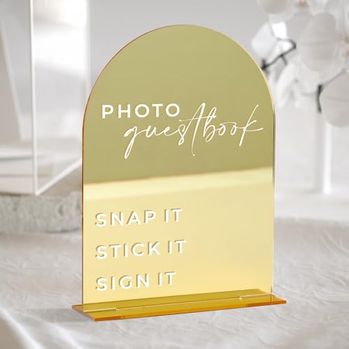 HOODO Goldenes verspiegeltes Acryl-Foto-Gästebuch-Schild für Empfang, 15,2 x 20,3 cm, goldener Spiegel, Acrylbogen, Tischschild für Hochzeit, Party, Veranstaltung von HOODO
