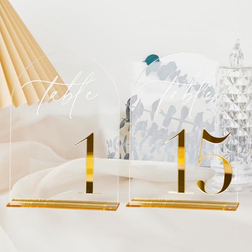 HOODO Transparente Tischkarten aus Acryl für Hochzeiten mit Ständer, 12,7 x 17,8 cm, gewölbtes Acryl mit 3D-Gold, klare 3D-Goldspiegel-Tischkarten für Hochzeitsempfang von HOODO