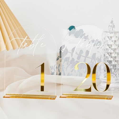 HOODO Transparente Tischkarten aus Acryl für Hochzeiten mit Ständer, 12,7 x 17,8 cm, gewölbtes Acryl mit 3D-Gold, klare 3D-Goldspiegel-Tischkarten für Hochzeitsempfang von HOODO