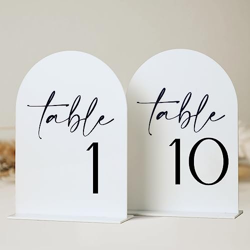 HOODO Weißer Bogen Hochzeitstischnummern 1–10 mit Ständer, 12,7 x 17,8 cm, gewölbte Acrylschilder und Halter, weißer Bogen, Tischnummern für Hochzeitsempfang, Tafelaufsatz, Party, Jahrestag, von HOODO