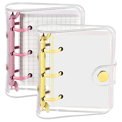 Notizbuch Ringbuch,Mini Notizbuch,2 Sets Transparent Ringbuch Hüllen mit 3 Ringen und Lnnen Papier Ordnertasche Durchsichtig Weich PVC Notizbuch Rund Ringbuch mit Druckknopf von HOOPOE