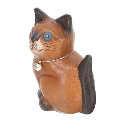 HOOTNEE Holzfigur Katze Handgefertigt Holzschnitzerei Dekorative Skulptur Kleine Holzkatze Ornament für Büro von HOOTNEE