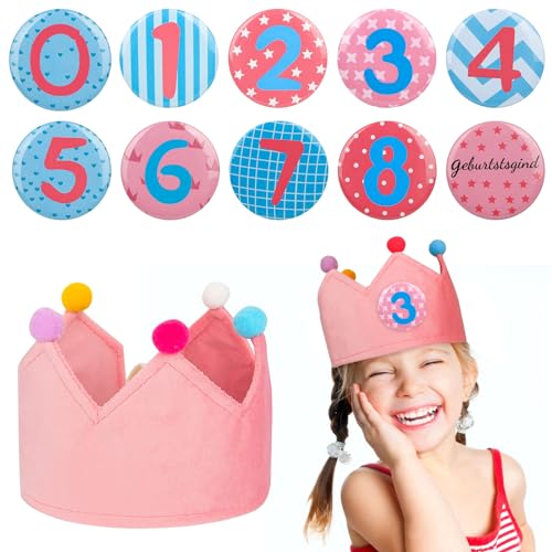 Kinder Geburtstagskrone Mädchen, Geburtstagskranz aus Chiffon mit Zahlen, Geburtstagskranz mit Zahlen, Krone mit Zahlen 0-9, Geburtstagsdeko (Rosa) von HOOWUDY