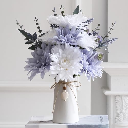 Künstliche Dahlien-Blumenarrangements in Keramikvase, 40,6 cm, künstliche Dahlie mit Eukalyptusstielen und dekorativen Blättern, Vase mit Juteseil und Herzanhänger, Tischdekoration für von HOPEME