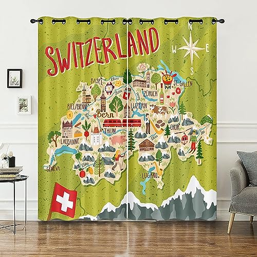 HOSIMA Cartoon-Schweiz-Karte-Vorhänge,Ösenvorhänge,Set mit 2 Vorhängen,Cartoon-Schweiz-Karte-Druck,Kinder-und Jugendzimmervorhänge(Cartoon-Schweiz-Karte M) von HOSIMA