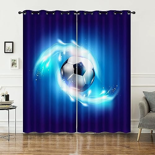 HOSIMA Fußball-Vorhänge,Ösenvorhänge,Set mit 2 Vorhängen,Blaue Blendung,Fußball-Aufdruck,Vorhänge für Kinder,Teenagerzimmer,Vorhänge(Blu-ray-Fußball S) von HOSIMA