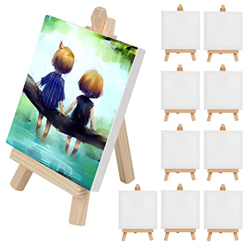 HOTOOLME 10er Mini Keilrahmen Leinwand mit Staffelei, mini Canvas 100% Baumwolle für Acryl- und Ölgemälde, mini Keilrahmen 10 x 10cm, klein Leinwand ideal zum Malen und Basteln von HOTOOLME