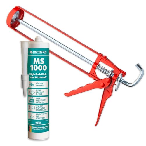 HOTREGA MS 1000 High Tech Kleb- und Dichtstoff | Kartusche | Kleber | Verfuger | Spachtelmasse (weiß inkl. Kartuschenpresse) von HOTREGA