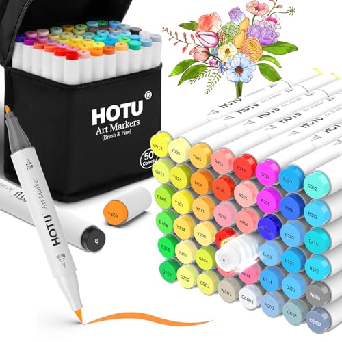 HOTU Alkoholmarker mit Pinselspitze - 50 Farben Doppelspitzen-Marker Set, Pinsel- & Feinspitze für Erwachsene & Kinder, Zeichnen & Illustration, inkl. Tragetasche & Malunterlage HOTU Alkoholmarker mit Pinselspitze - 50 Farben Doppelspitzen-Marker Set, Pinsel- & Feinspitze für Erwachsene & Kinder, Zeichnen & Illustration, inkl. Tragetasche & Malunterlage von HOTU