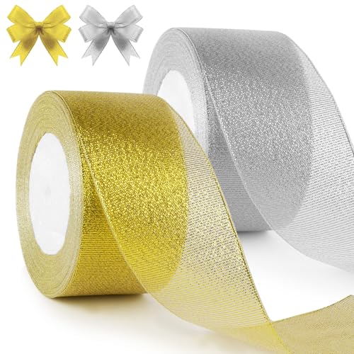 HOTUT 2 Rollen Satinband Gold und Silber, 50mm Geschenkbänder Breit, 22 M Schleifenband Deko, Dekoband für Geschenkverpackung Brautstrauß Basteln Geburtstag Deko HOTUT 2 Rollen Satinband Gold und Silber, 50mm Geschenkbänder Breit, 22 M Schleifenband Deko, Dekoband für Geschenkverpackung Brautstrauß Basteln Geburtstag Deko von HOTUT