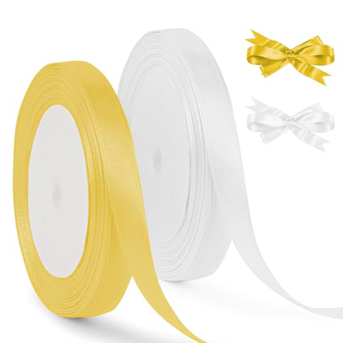 HOTUT 2 Rollen Satinband Weiß und Gold, 10mm Geschenkbänder Breit, 22 M Schleifenband Deko, Dekoband für Geschenkverpackung Brautstrauß Basteln Geburtstag Deko HOTUT 2 Rollen Satinband Weiß und Gold, 10mm Geschenkbänder Breit, 22 M Schleifenband Deko, Dekoband für Geschenkverpackung Brautstrauß Basteln Geburtstag Deko von HOTUT