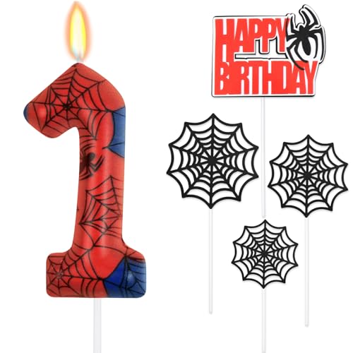 HOTUT Geburtstagskerzen Zahlen 1,Spinne Deko,Kerzen Geburtstag mit Spinnennetz Set,Happy Birthday Kuchen Kerzen Set,Blau Rot Zahlenkerze,Spinne Thema Party Kerzen für Jungen Mädchen 1. Geburtstag von HOTUT