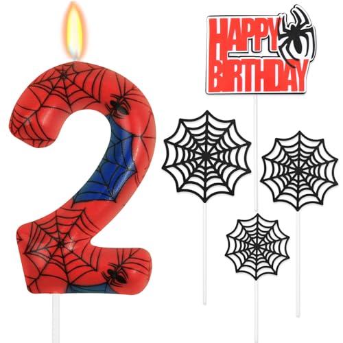 HOTUT Geburtstagskerzen Zahlen 2,Spinne Deko,Kerzen Geburtstag mit Spinnennetz Set,Happy Birthday Kuchen Kerzen Set,Blau Rot Zahlenkerze,Spinne Thema Party Kerzen für Jungen Mädchen 2. Geburtstag von HOTUT