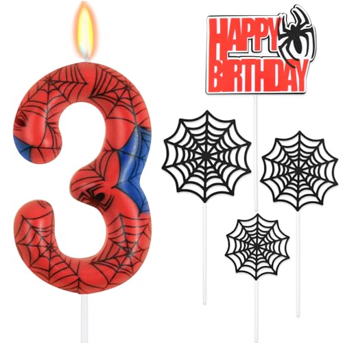 HOTUT Geburtstagskerzen Zahlen 3,Spinne Deko,Kerzen Geburtstag mit Spinnennetz Set,Happy Birthday Kuchen Kerzen Set,Blau Rot Zahlenkerze,Spinne Thema Party Kerzen für Jungen Mädchen 3. Geburtstag von HOTUT