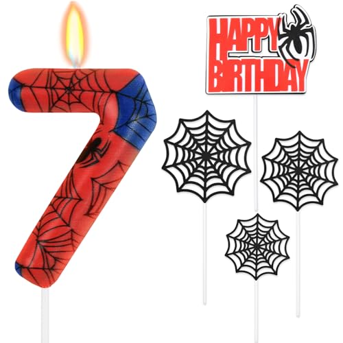 HOTUT Geburtstagskerzen Zahlen 7,Spinne Deko,Kerzen Geburtstag mit Spinnennetz Set,Happy Birthday Kuchen Kerzen Set,Blau Rot Zahlenkerze,Spinne Thema Party Kerzen für Jungen Mädchen 7. Geburtstag von HOTUT