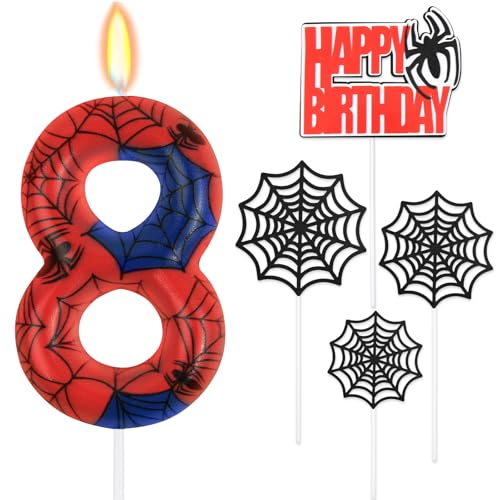 HOTUT Geburtstagskerzen Zahlen 8,Spinne Deko,Kerzen Geburtstag mit Spinnennetz Set,Happy Birthday Kuchen Kerzen Set,Blau Rot Zahlenkerze,Spinne Thema Party Kerzen für Jungen Mädchen 8. Geburtstag von HOTUT