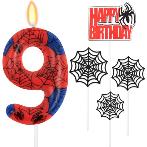 HOTUT Geburtstagskerzen Zahlen 9,Spinne Deko,Kerzen Geburtstag mit Spinnennetz Set,Happy Birthday Kuchen Kerzen Set,Blau Rot Zahlenkerze,Spinne Thema Party Kerzen für Jungen Mädchen 9. Geburtstag von HOTUT
