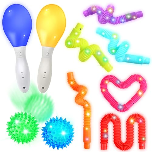 HOTUT Leuchtende Maracas Sensorik Spielzeug, 10 Stück LED Sandhammer, Igelball, Pop Tubes, Bunt Sensorik Spielzeug Party Geschenke Mitgebsel, Stressabbauspielzeug, Sensorisches Spielzeug für Autismus von HOTUT